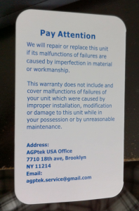 agptek warranty card back